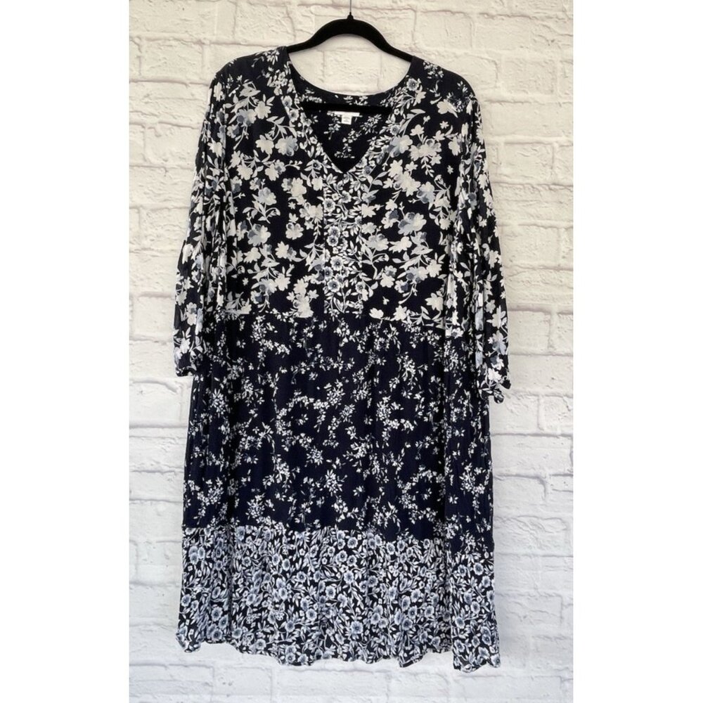 J Jill Mixed Floral Print V-Neck 3/4 Sleeve  Size  2XL Women's Navy Blue Rayon